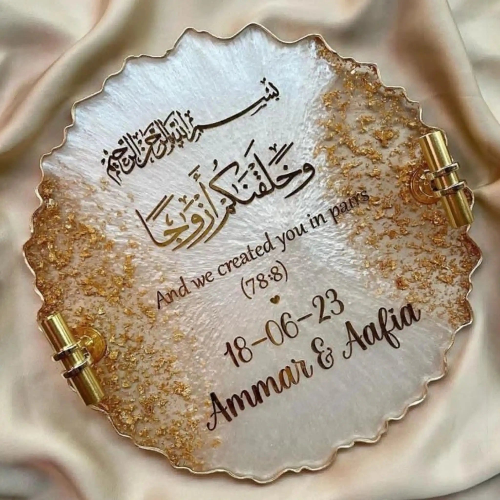 Handcrafted 12-inch round resin Nikah platter with customizable floral and gold accents, perfect for Islamic weddings, engagements, and ceremonial gifting.