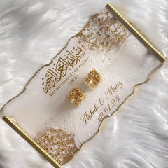 Handcrafted 12-inch resin round ring platter with customizable floral accents, ideal for nikah, wedding, or engagement ceremonies