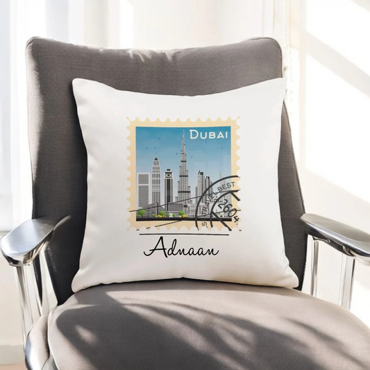 Dubai Memories Cushion - Personalized Cushion with Dubai skyline stamp design and custom name 'Adnaan', perfect for home decor or gifting.