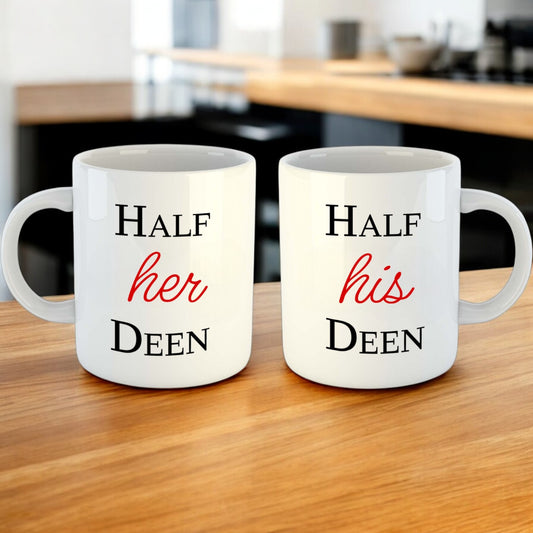 His & Her Deen Mug - Custom Couple Ceramic | 350ml Gift set on kitchen counter. White ceramic mugs with 'Half his Deen' and 'Half her Deen' text, ideal for couples.