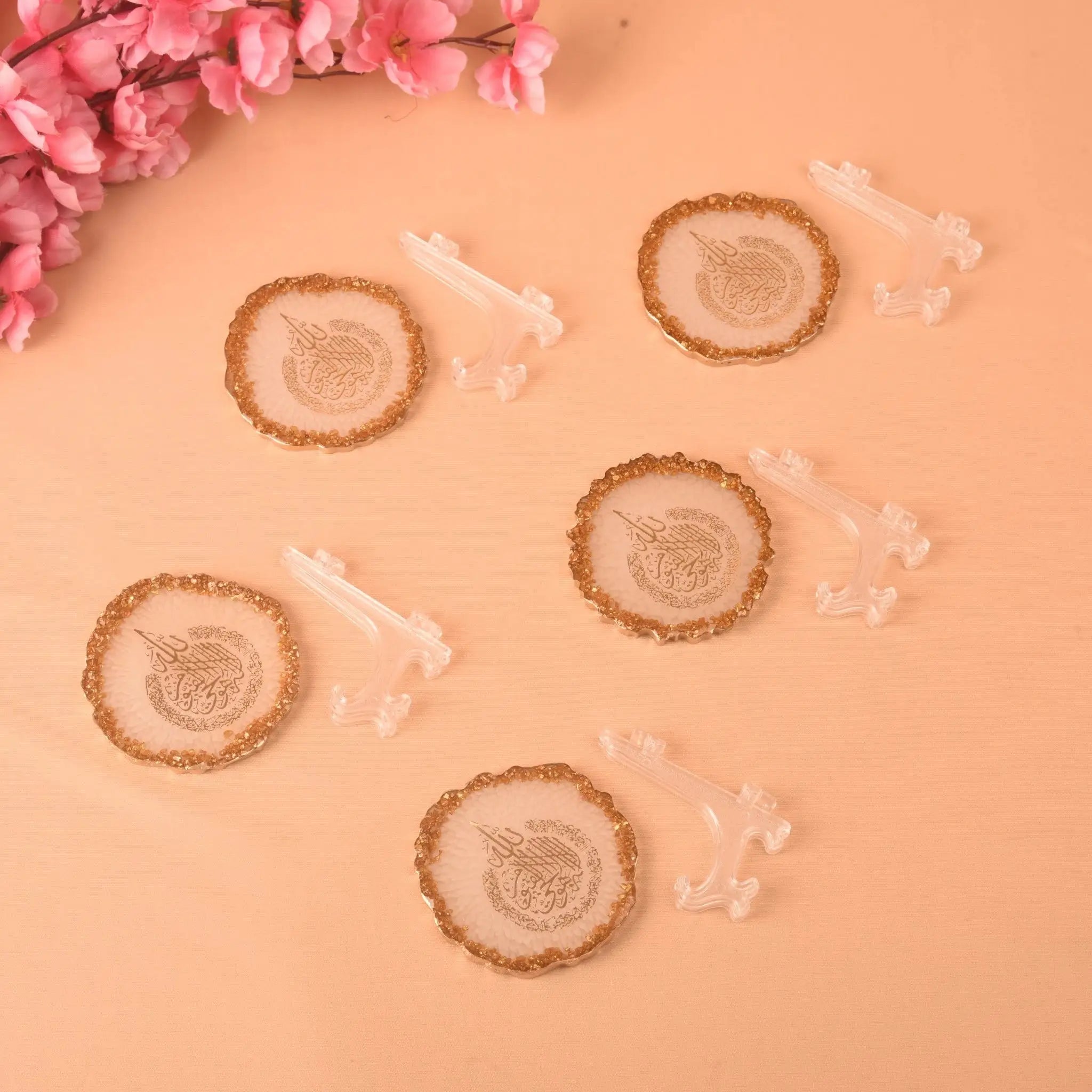 Six handmade 3" Ayatul Kursi Frames with gold detailing and matching clear stands, perfect for decorative plaques in Islamic home decor.