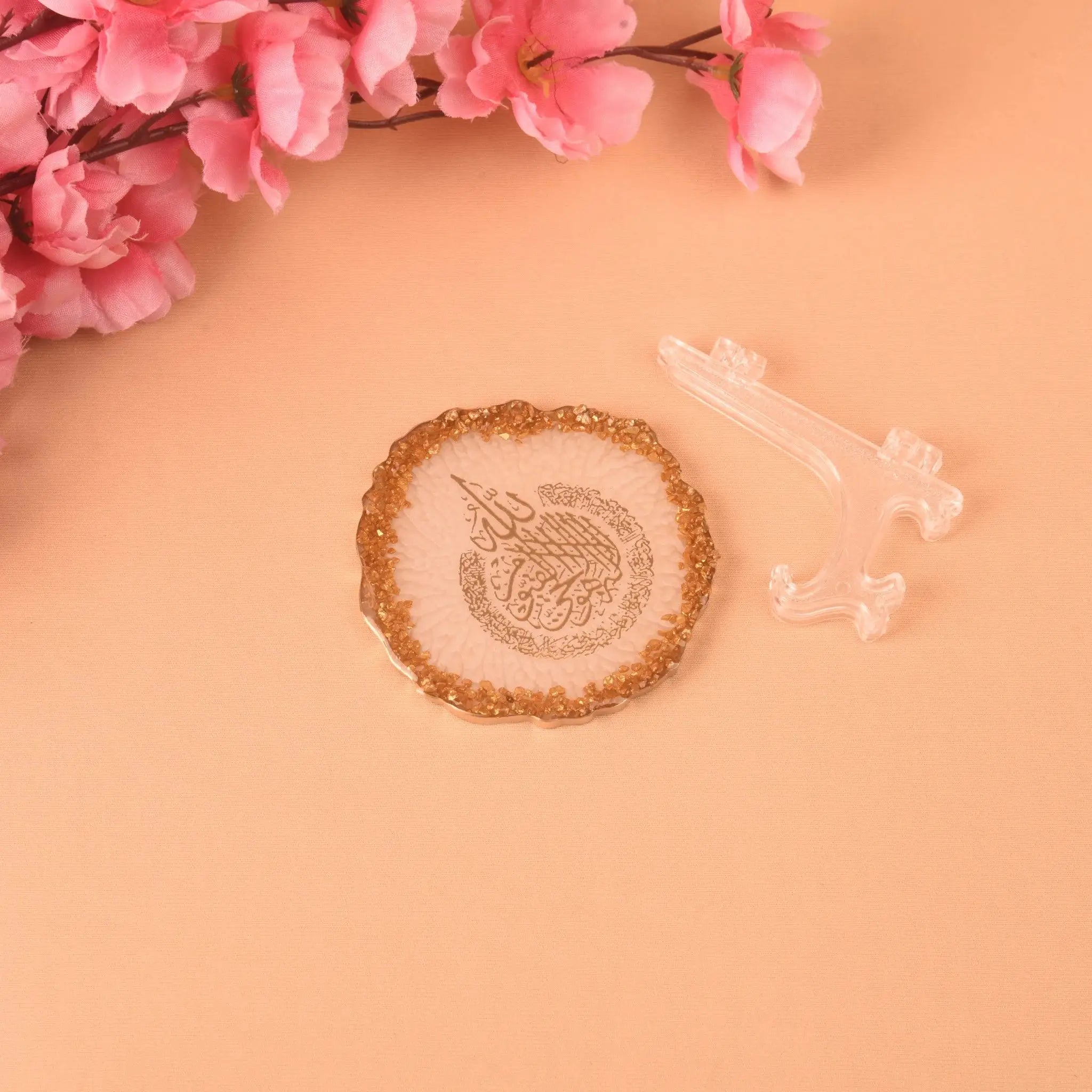 Single 3" Ayatul Kursi Frame with ornate gold border and clear plastic stand, ideal for Ramadan or Eid-al-Adha personalized Islamic gifts.