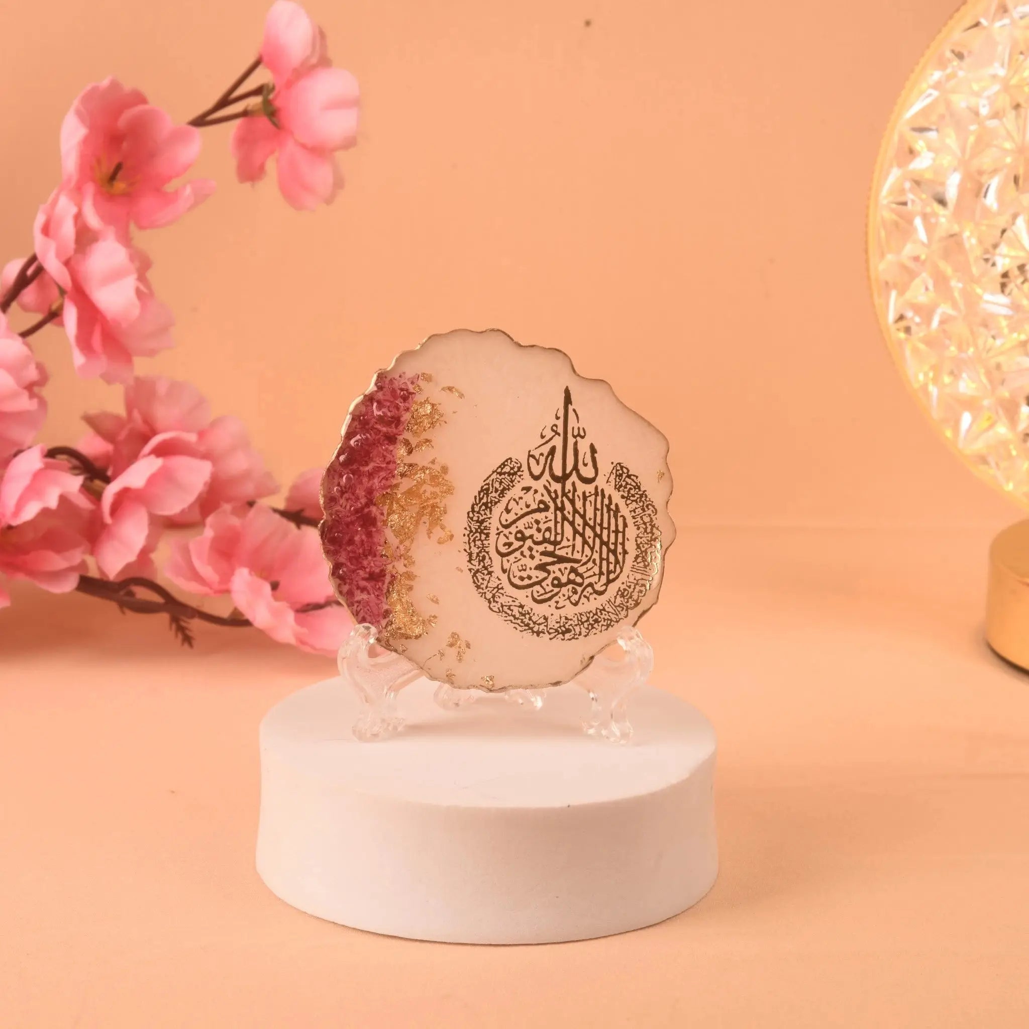 3" Ayatul Kursi Floral Frame - Perfect Decor | Handmade India featuring intricate Arabic calligraphy with gold and pink floral accents on a resin base.