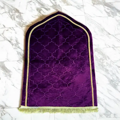 Velvet purple prayer mat with gold trim, included in the Purple Sawab-e-Jariya Gift Set. Luxurious and spiritual gift for all occasions.