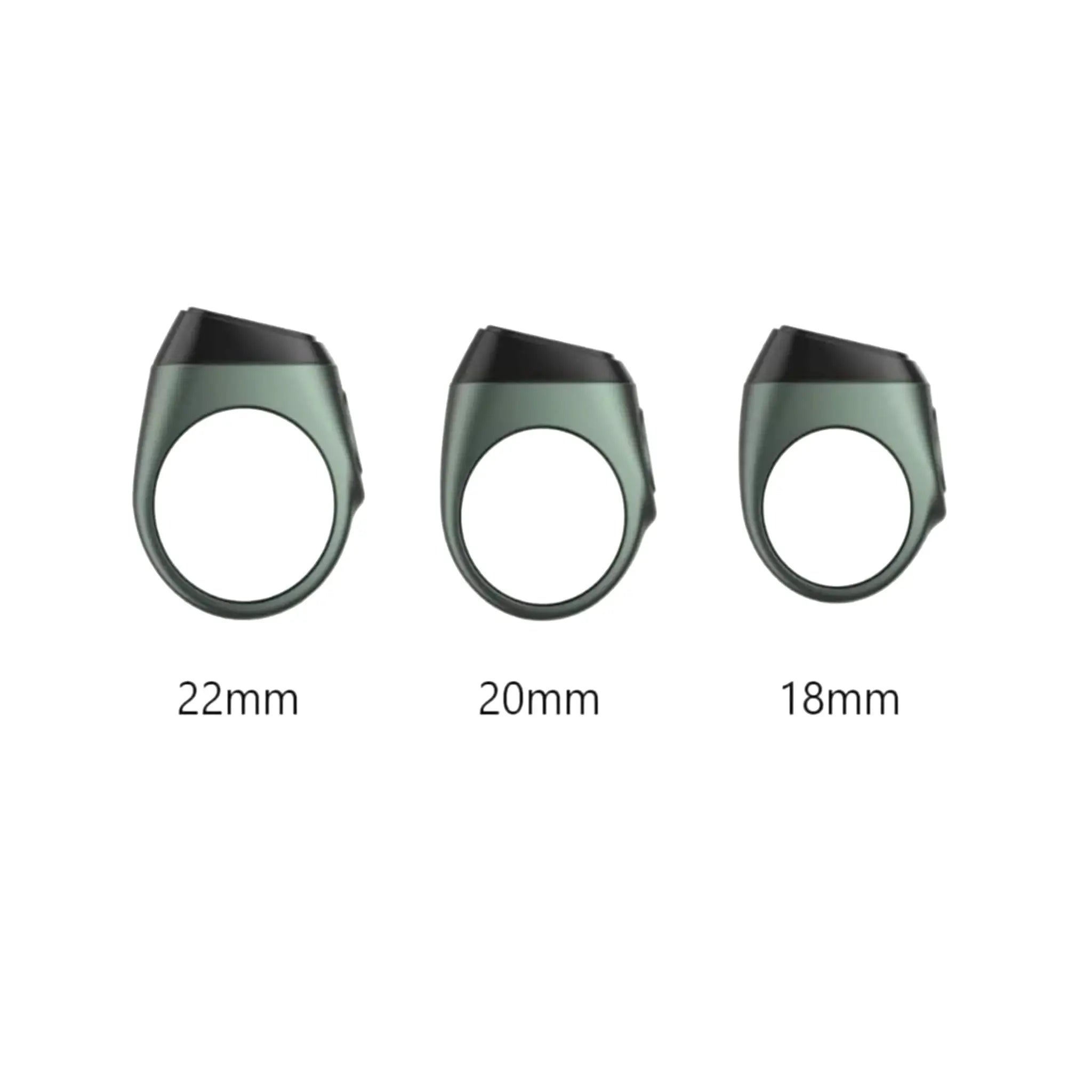 Three sizes of Noor Zikr Ring - Smart Tasbeeh in green color: 18mm, 20mm, and 22mm. Custom fit for daily Zikr tracking.