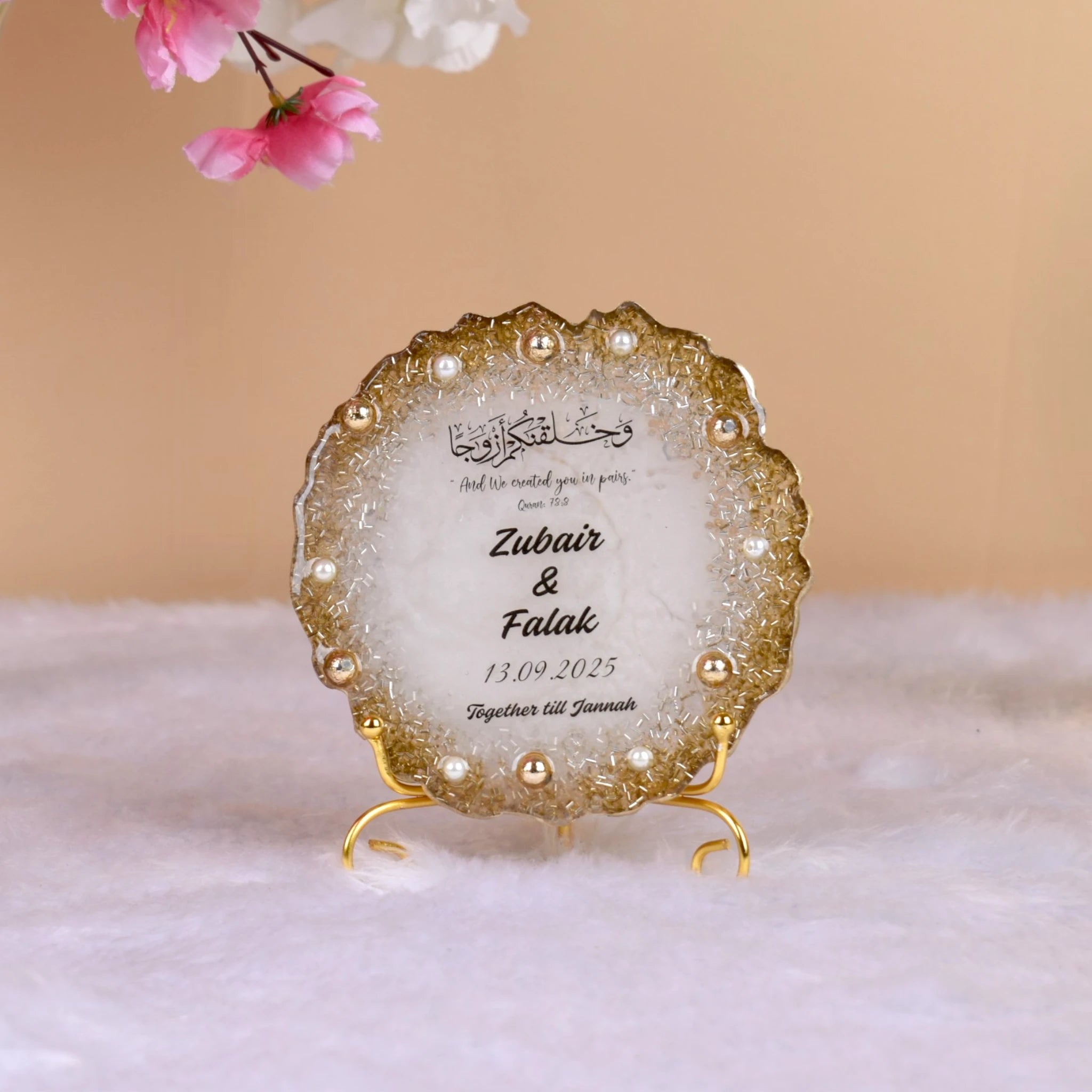 Personalized Sequence Round Couple Frame with resin art and gold accents, customized for Zubair & Falak, perfect for Islamic wedding gifts.