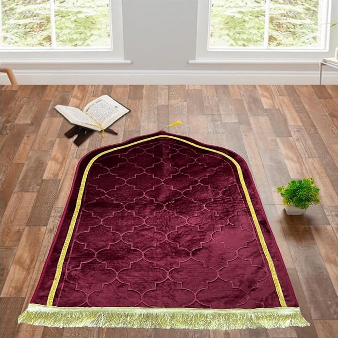 Maroon Bridal Hamper prayer mat from The Bling Collection with gold trim, part of a premium Quran gift set for weddings and Nikkah ceremonies.