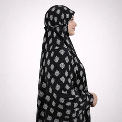 Side profile of Prayer Dress 2 showcasing its flowy chiffon fabric and secure head-to-toe coverage, ideal for modest wear.