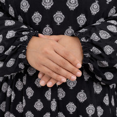 Detailed view of Prayer Dress 2's front with gathered sleeve cuffs, emphasizing comfort and modesty in premium chiffon design.