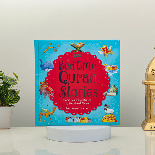 Bedtime Quran Stories - Quran Stories for Kids | Illustrated hardcover book with colorful cover featuring animals and Islamic symbols, ideal for children.