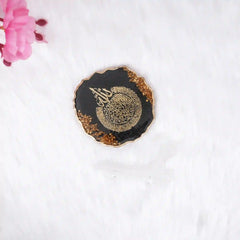 Flat-lay of black 3" Ayatul Kursi Frame with golden flakes, shown with a clear display stand, ideal for Islamic home decor and festive gifting.