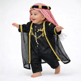 Black Omani Thobe Romper & Bisht Set for Baby Boys featuring gold embroidery and matching headscarf, ideal for Ramadan and EID celebrations.