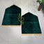 Green velvet prayer mats with personalized names and heart design. Part of the Sawab-e-Jariya Bridal Gift set for couples.