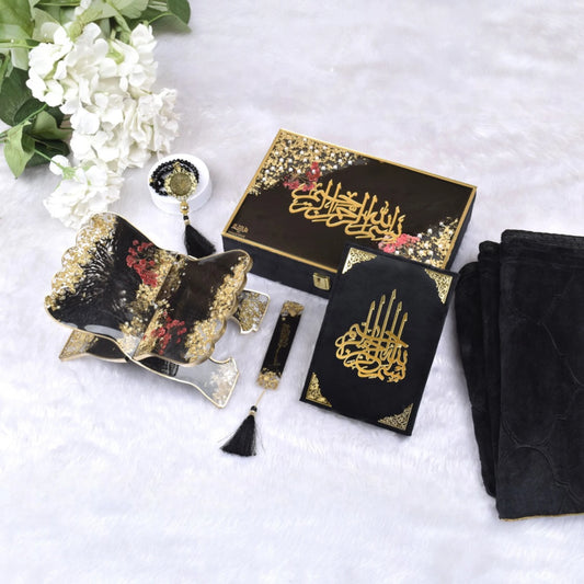 Black Floral Pearl Sawab-E-Jariya Hamper featuring Quran, tasbeeh, rehal, and janamaz in a premium gift box. Ideal for Eid and wedding gifting.
