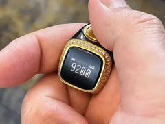 Zikr Ring with 99 Zirconia showing digital tasbeeh count on screen. Smart Islamic ring for dhikr tracking and spiritual mindfulness.