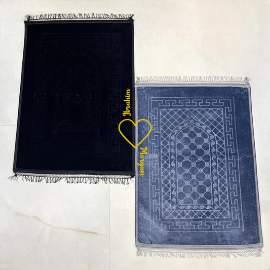 Rectangle Couple Prayer Mat Set in black and grey with heart design, ideal for weddings or Islamic gifts. Soft, elegant, and gift-ready.
