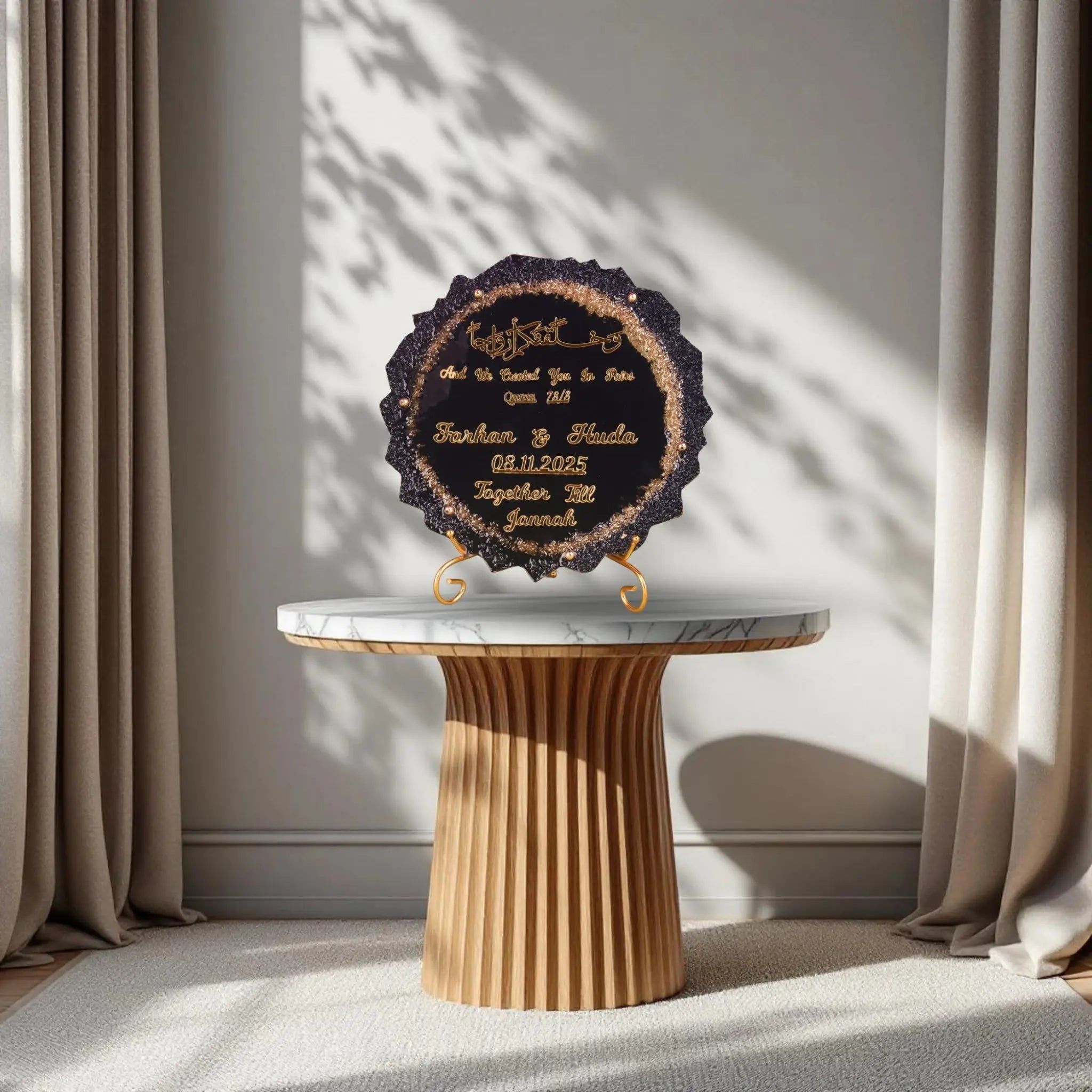 Elegant Black Sequence Frame for Weddings & Special Nikah Gifts displayed on a marble-top table with beige curtains, ideal for home decor or gifting.
