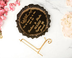 Round Black Sequence Couple Frame with gold text and stand, ideal for personalized Nikah or wedding gifts, surrounded by floral accents.