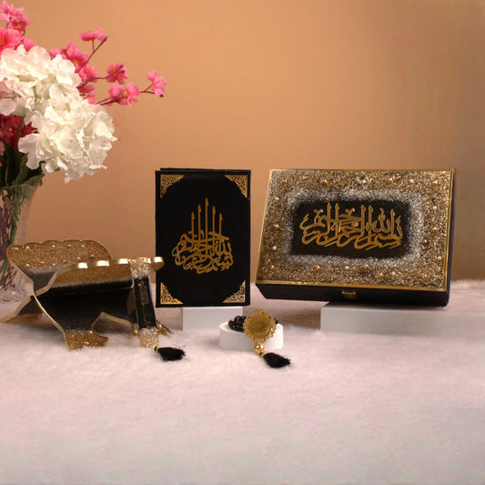 Black Sequence Rehal Hamper - Luxury Quran Gift Set featuring velvet Quran, glittered Rehal, Tasbeeh, and bookmark in a decorative box.