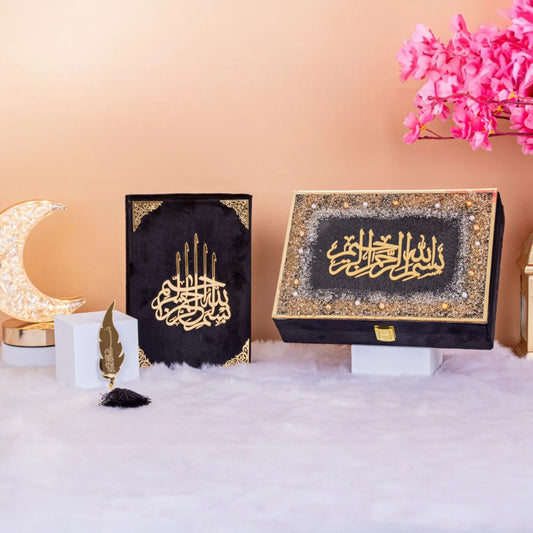 Black Sequence Tilawat-e-Quran hamper with Quran, Tasbeeh, and gold feather bookmark, ideal for Eid or Nikah spiritual gifting.