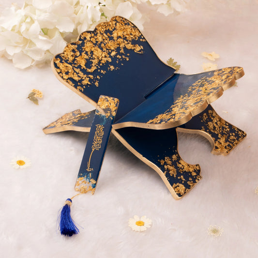 Blue and gold Rehal with matching Islamic bookmark from the Bridal Gift Set. A luxurious addition to Quran gift hampers.
