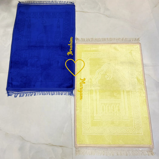 Rectangle Couple Janamaz Set - Elegant Prayer Mats in blue and offwhite with heart design, perfect for Islamic wedding or bridal gifts.