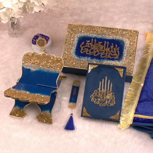 Elegant Bridal Jariya Gift Set with blue and gold Quran box, Rehal, Tasbeeh, and Janamaz. Perfect for Nikkah and Islamic wedding ceremonies.