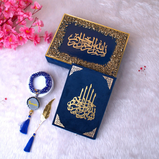Blue Stones Tilawat Quran Hamper - Elegant Gift Set featuring a velvet Quran cover with gold calligraphy, crystal tasbeeh, and feather bookmark.
