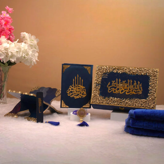 Bridal Gifting Sawab-e-Jariya Hamper featuring a premium blue velvet Quran, crystal tasbeeh, janamaz, and gold-detailed box for wedding gifting.