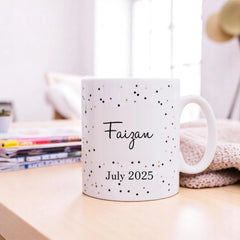 Custom Hajj Mubarak Mug with personalized name 'Faizan' and date 'July 2025', perfect Islamic gift for Hajj pilgrims and return gifts.