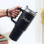 Black personalized tumbler with handle and custom name