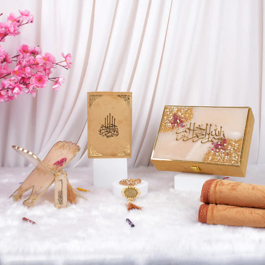 Pink floral-themed kids Islamic gift set with prayer accessories