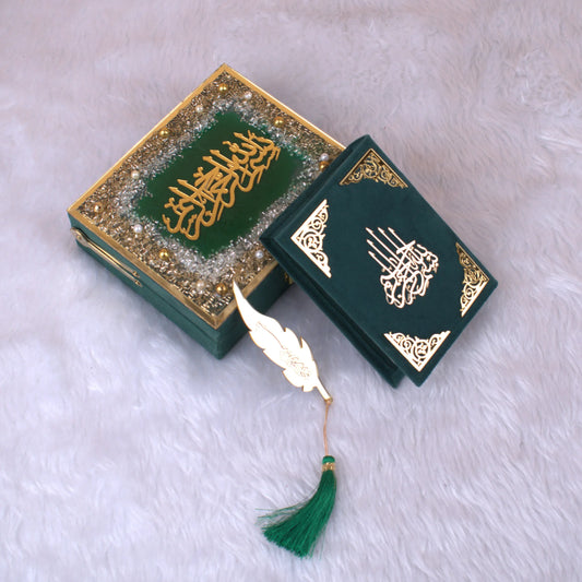 Green Sequence Mini Tilawat Quran in velvet box with gold Islamic calligraphy and feather bookmark, ideal handmade gift from India.
