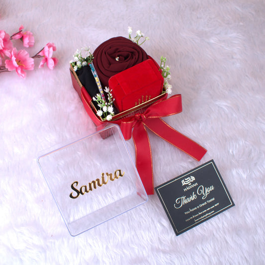 Red Hijab Combo with chiffon hijab, black cap, designer pins, and red velvet box in a personalized gift box labeled 'Samira'.