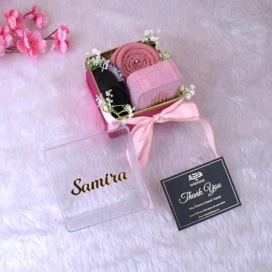 Pink Hijab Combo gift box with personalized name 'Samira', featuring a pink chiffon hijab, cap, designer pin, and accessories for women.