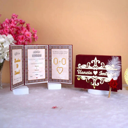 Open Maroon Majestic Essential Nikah Hamper displaying elegant A4 Nikah Nama with Islamic calligraphy and personalized velvet box for wedding ceremonies.