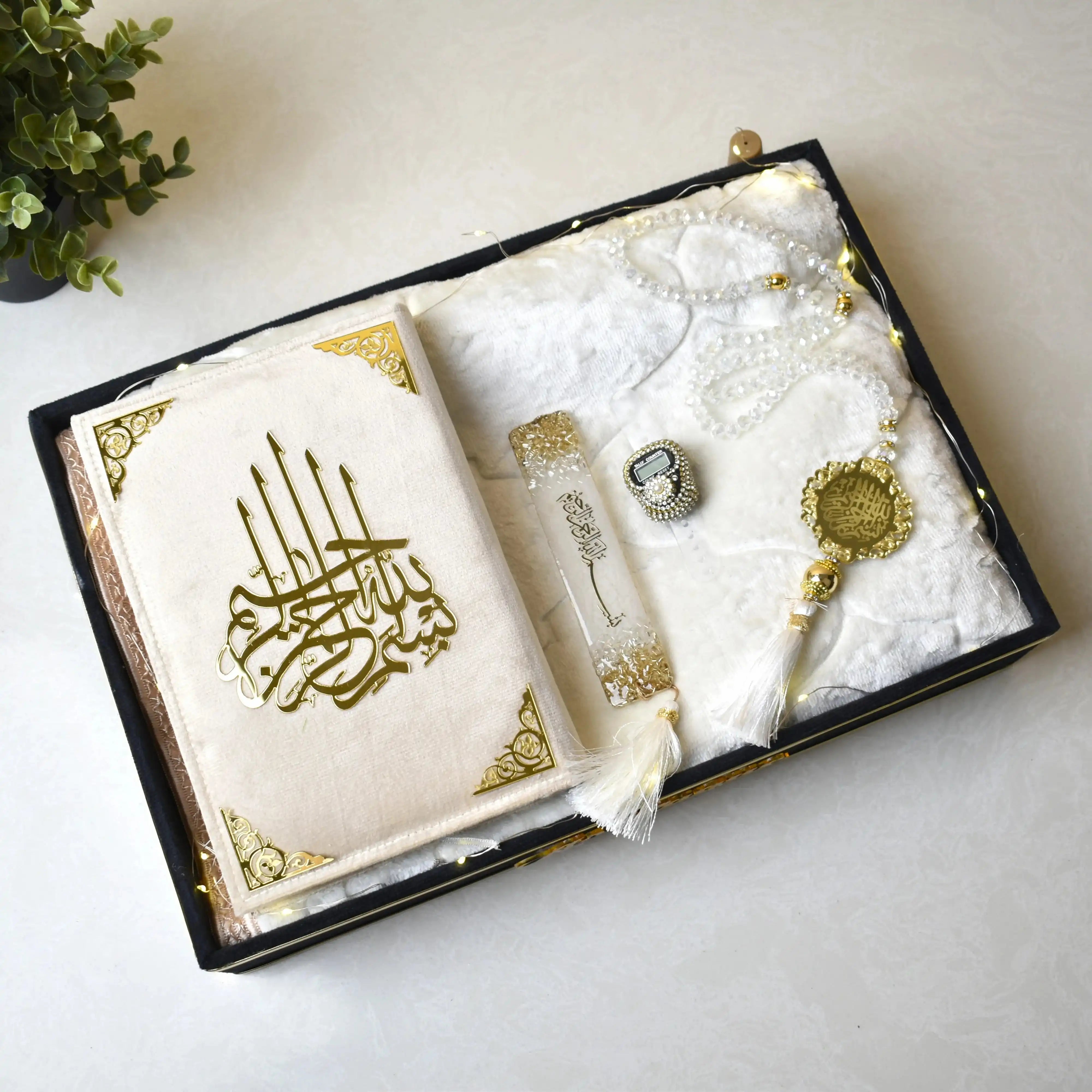Elegant Quran hamper for Ramadan, weddings, or spiritual gifting – includes Quran, Janamaz, Tasbeeh, and feather bookmark