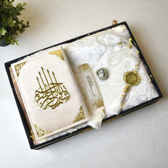 Elegant Quran hamper for Ramadan, weddings, or spiritual gifting – includes Quran, Janamaz, Tasbeeh, and feather bookmark