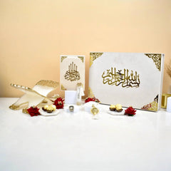 Offwhite Pearl Signature Hamper featuring velvet Quran, premium Rehal, Tasbeehs, resin bookmark, and gourmet chocolates in a designer box