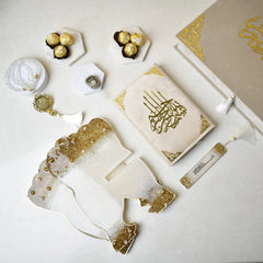 Elegant Quran gift set with Rehal, velvet cover Quran, digital and crystal Tasbeehs, and chocolates – perfect for weddings and Eid