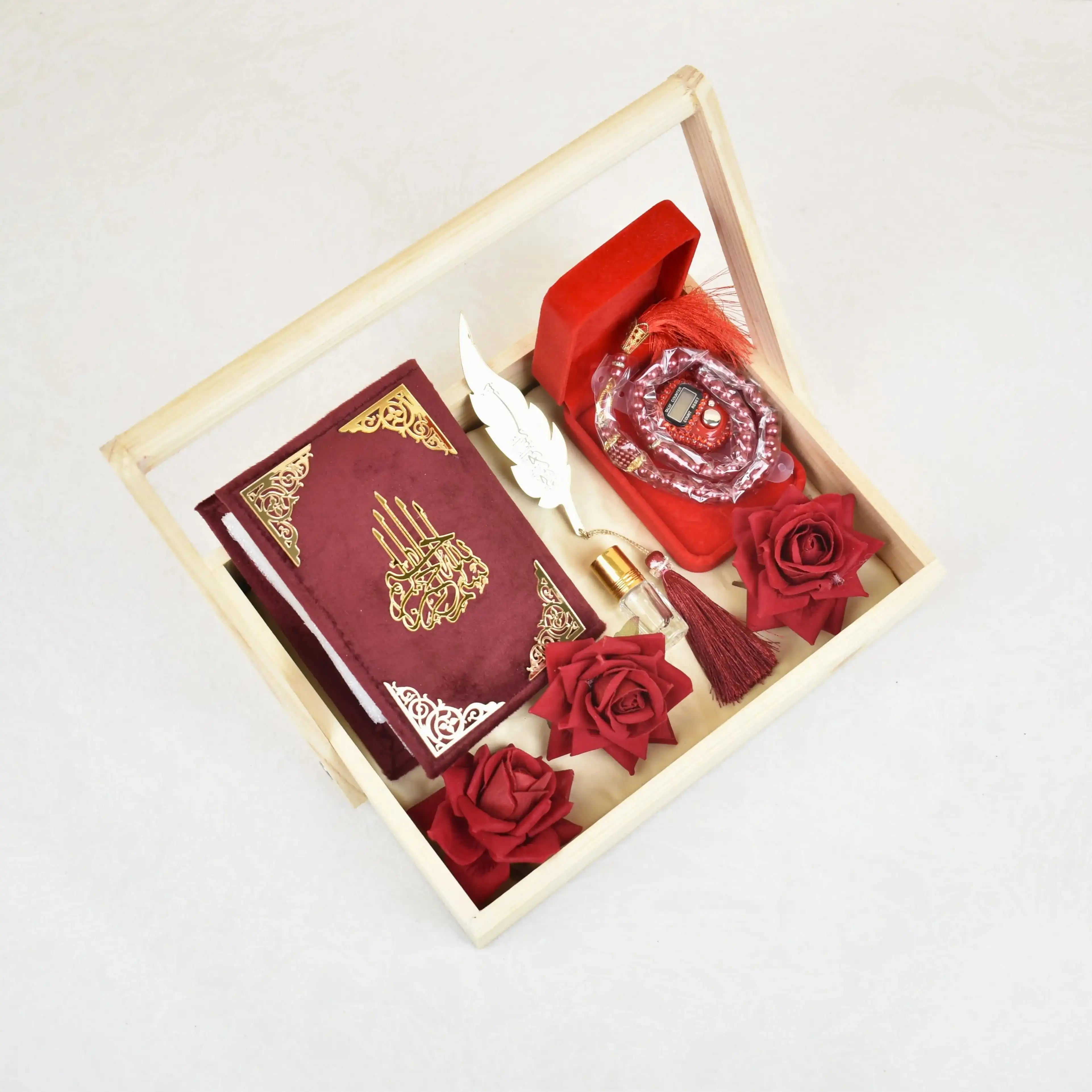 Spiritual Ramadan and Nikkah gift set with velvet Quran, scented Ittar, prayer beads, and rose embellishments in a wooden tray