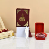 Rustic Noor Hamper featuring velvet-covered Quran, wooden tray, Ittar, velvet Tasbeeh, feather bookmark, and decorative roses
