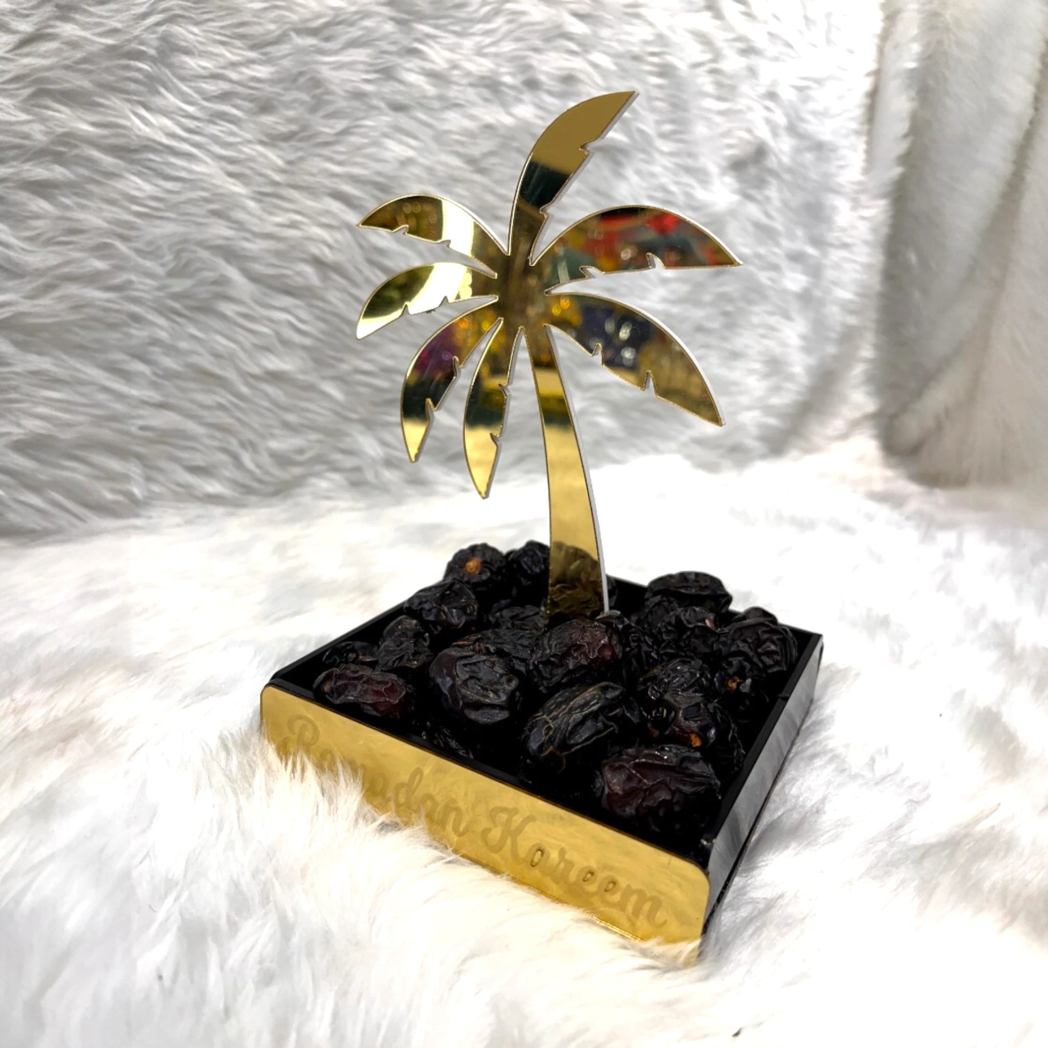 Elegant Date Tree Stand - Eid Stand Display in gold acrylic palm shape, holding dates. Perfect Ramadan gift and table centerpiece, made in India.