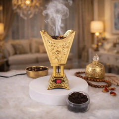 Emperor Bakhoor Burner - Bakhoor Burner | luxury design in gold finish, emitting aromatic smoke, ideal for home fragrance and elegant decor settings.