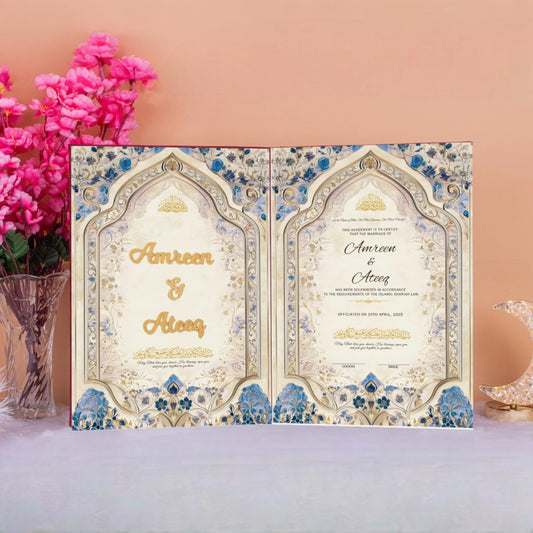 Eternal Petals Nikah Nama - Customizable Keepsake | Unique with floral arch design and names Amreen & Ateeq, ideal for wedding gift display.