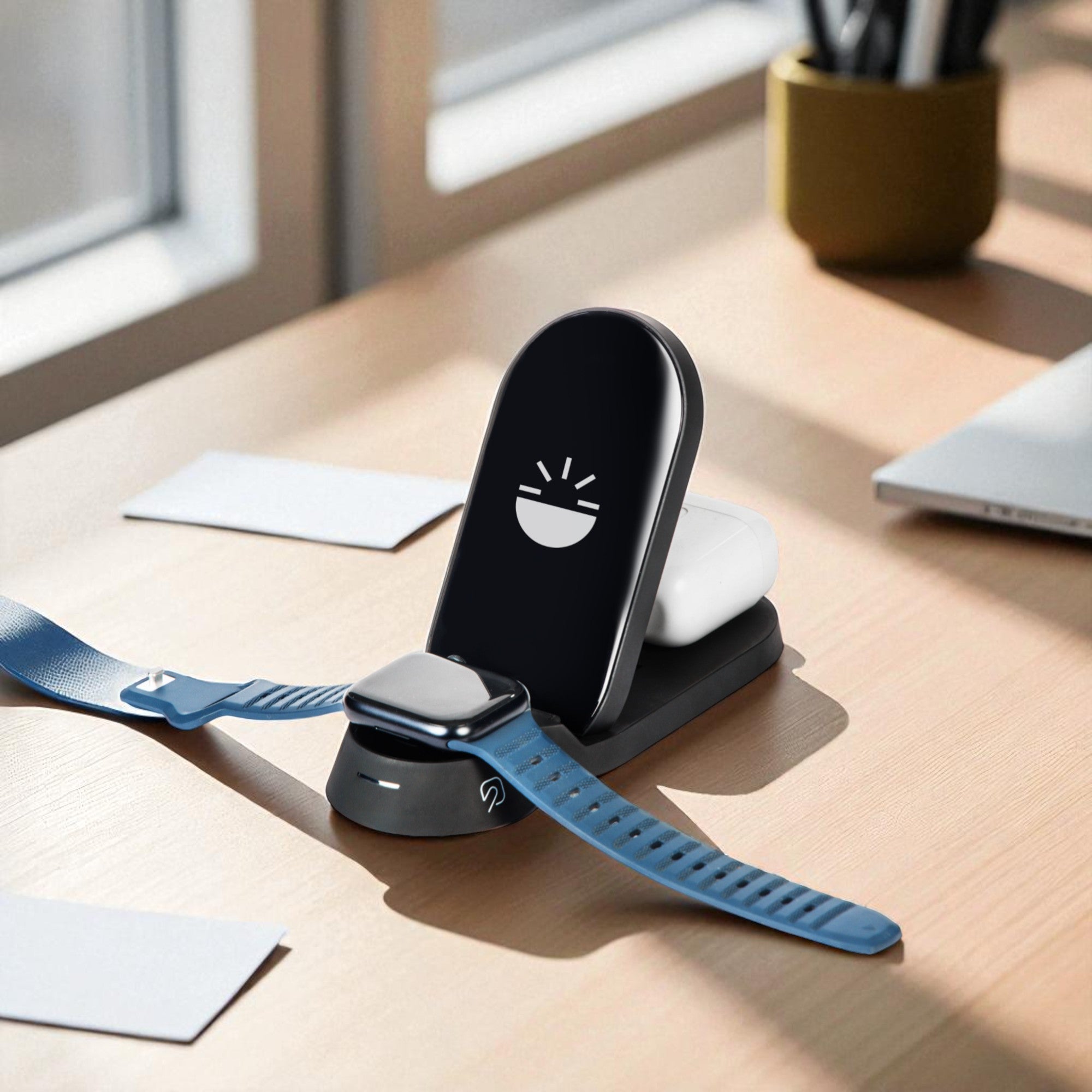 Flare Dock 3 in 1 Wireless Charger charging a smartwatch, earbuds, and smartphone on a wooden desk. Ideal for reducing cable clutter.