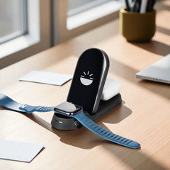 Flare Dock 3 in 1 Wireless Charger charging a smartwatch, earbuds, and smartphone on a wooden desk. Ideal for reducing cable clutter.