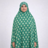 Prayer Dress 5 in champagne gold with polka dot pattern, offering full coverage and modest style for daily wear and spiritual occasions.