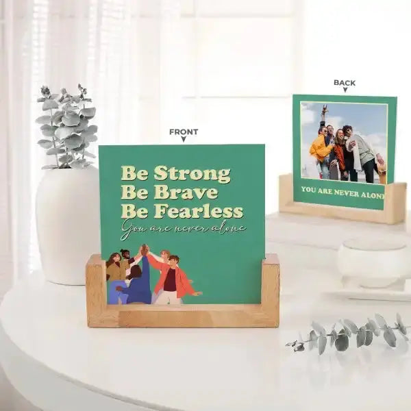 Double-sided gift photo frame showing front quote and back photo, compact wooden base perfect for desks or personalized home decor.