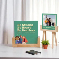 Dual display photo frame with quote on one side and personalized photo on the other, ideal for gifting and home decor with wooden stand.